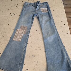 Light Blue Girl's Flare Jeans with Plaid Patch Detail Abercrombie Size 7/8 Long